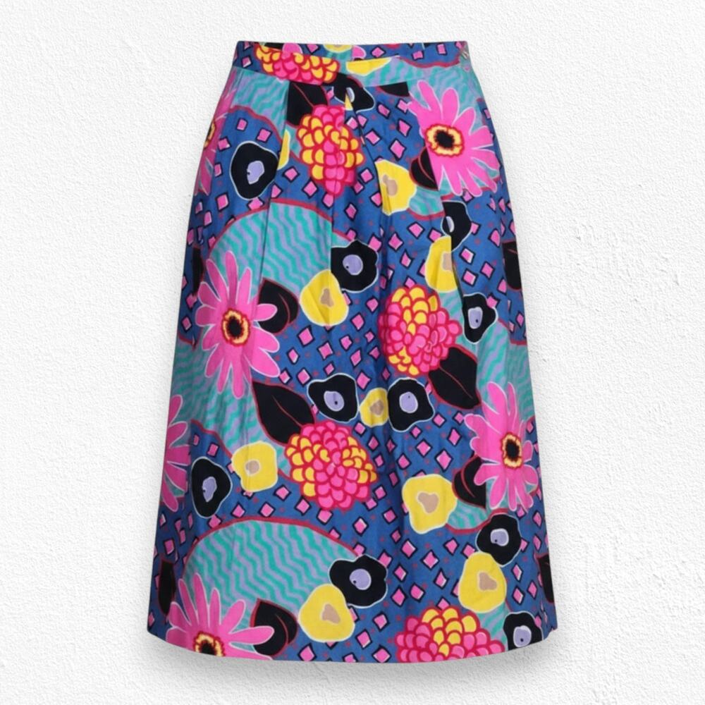 Vintage 80s Pleated Colorful Floral Made in USA Retro Flared Midi Skirt Size 6
